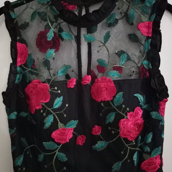 City Studio High Neck Sheer Embroidered Floral Vine Tulle Mini Dress - Picture 5 of 7